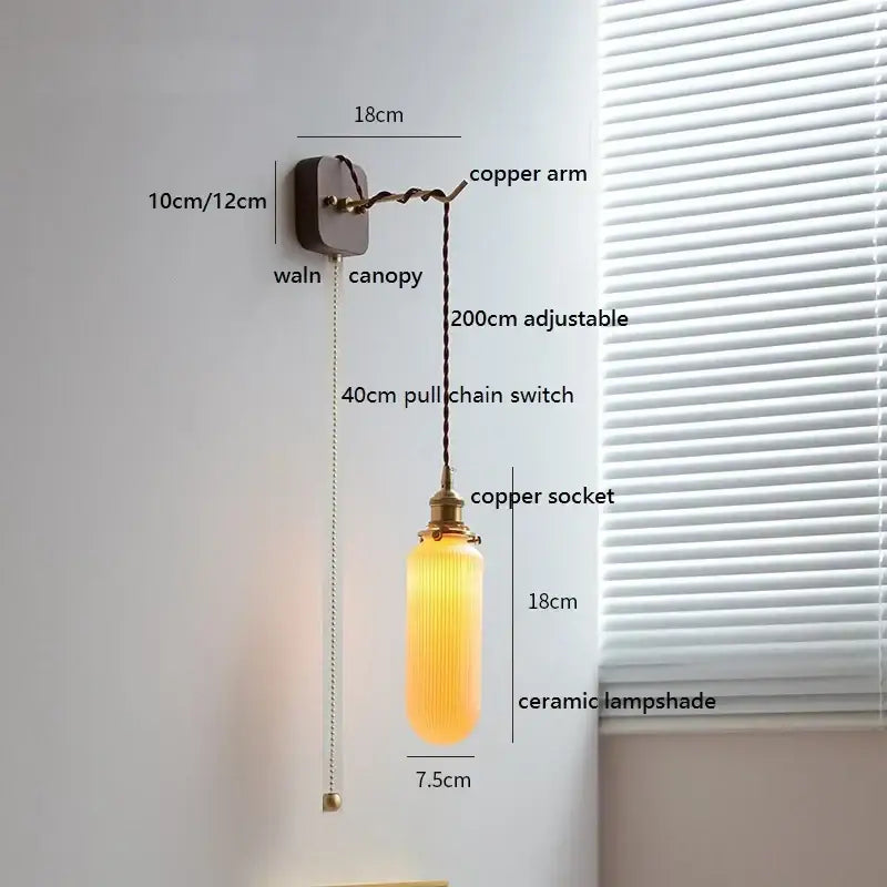 Copper-finished wall light with ribbed ceramic ball led lampshade and adjustable pull chain for bedroom decorbites ceramic ball