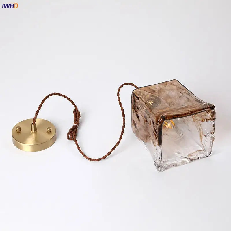 Translucent amber glass copper pendant light cube with brass mount and braided cord for dining room pendant lights set