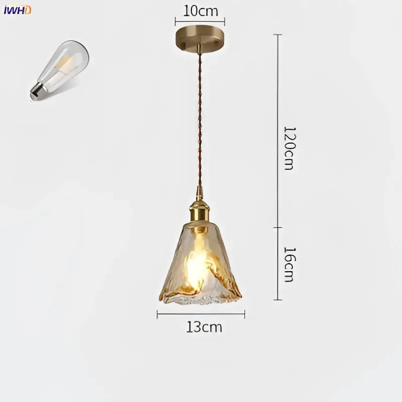 Brass-finished glass copper pendant lights with textured amber shade and edison bulb for dining room set of four