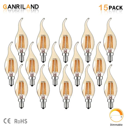 Set of 15 amber glass dimmable led filament bulbs with flame shape and silver screw base for decorbites dimmable led lighting