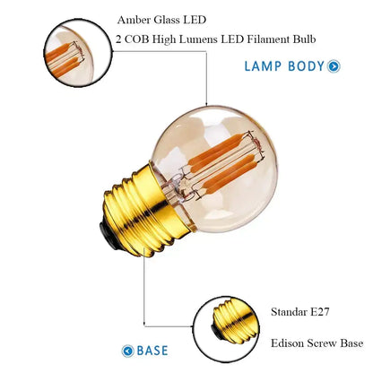 Amber glass g40 edison led bulb with gold-toned base and two cob high lumen filaments by decorbites g40 edison