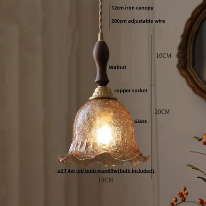 Amber glass led pendant lamp with warm fluted glass and dark walnut wood handle for kitchen lighting