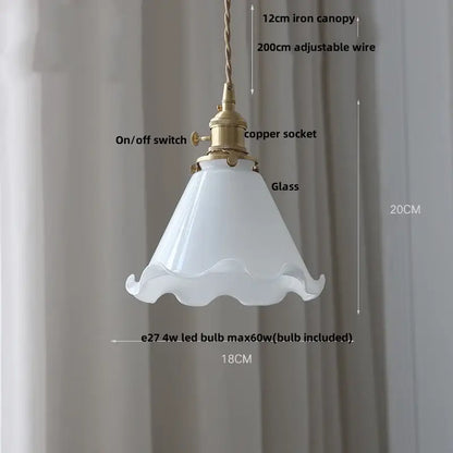 White glass pendant lamp with scalloped edge brass finish and adjustable copper socket for kitchen lighting