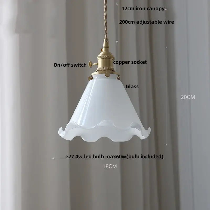 White glass pendant lamp with scalloped edge brass finish and adjustable copper socket for kitchen lighting