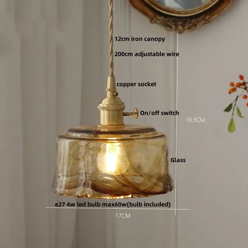 Amber glass pendant light with brass knob switch and adjustable iron canopy ideal for dining room decorbites brass knob