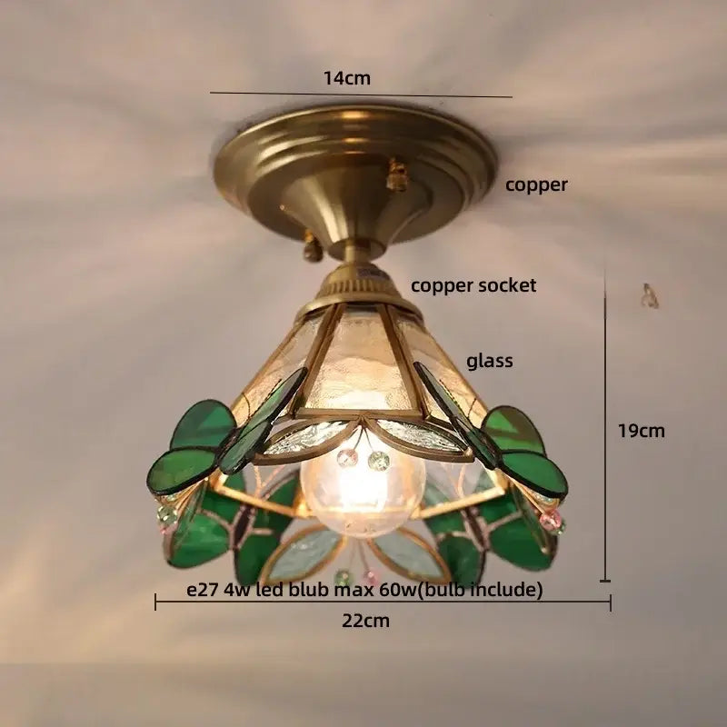 Vintage-style copper led ceiling light with amber glass, green leaf motifs, and wood copper led design for dining room