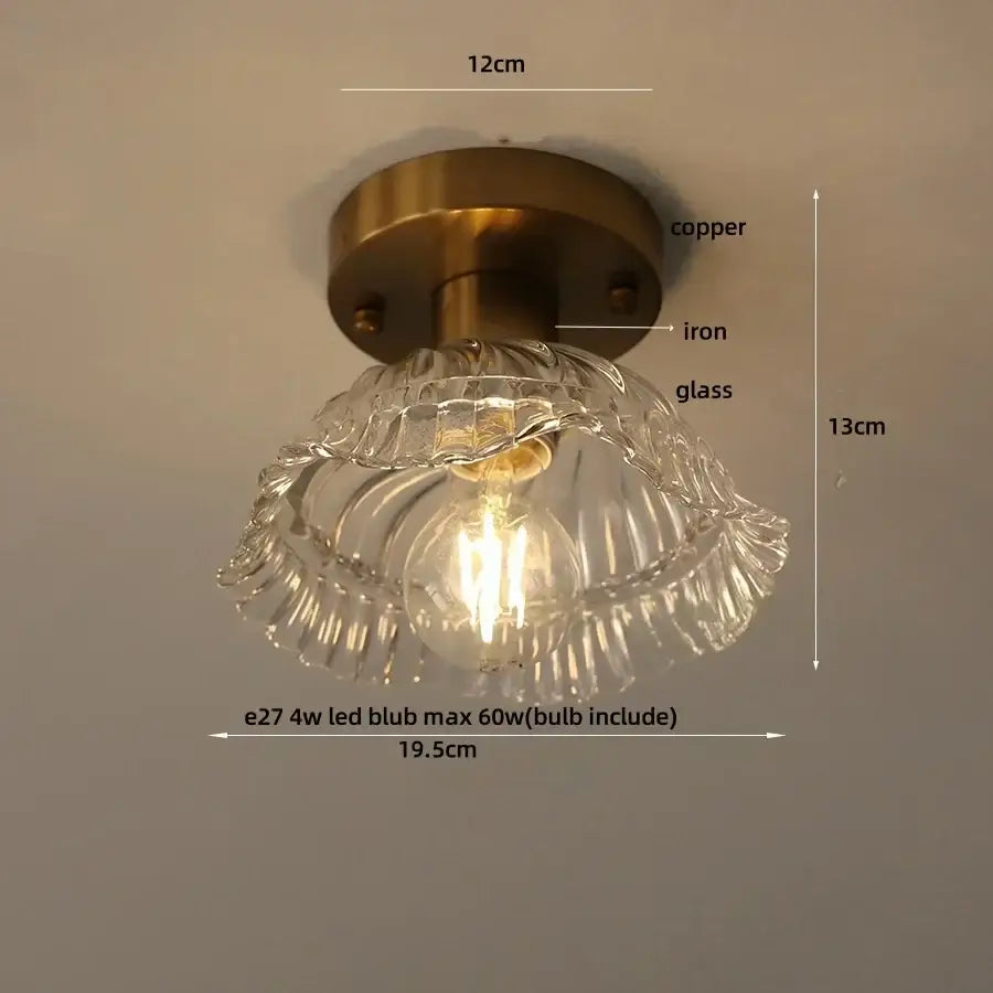Vintage-style amber glass wood copper led ceiling light with brass-finished base and scalloped shade for dining room