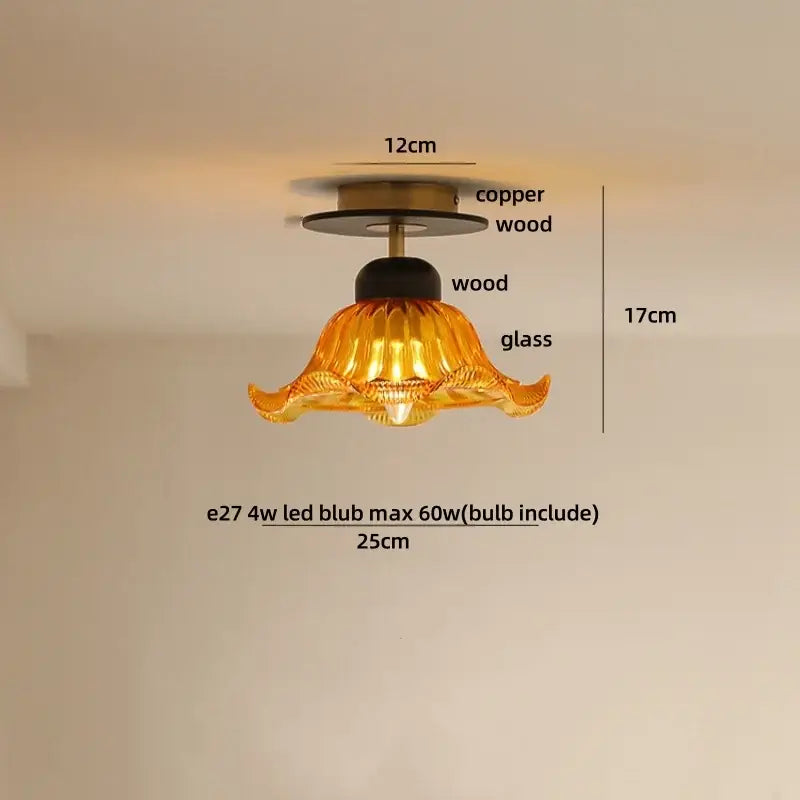 Amber ice crack glass wood ceiling light with golden amber fluted lampshade and copper wood mounting hardware by decorbites