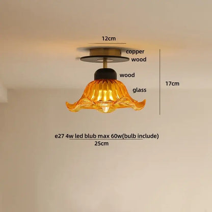 Amber ice crack glass wood ceiling light with golden amber fluted lampshade and copper wood mounting hardware by decorbites