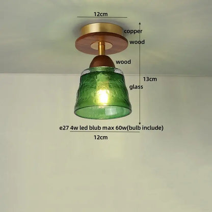 Green textured glass ceiling light with wooden and copper fixture decorbites amber ice crack for bedroom use