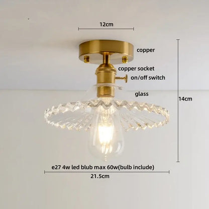 Vintage-style amber ice crack glass ceiling light with brass copper base and ornate scalloped shade for bedroom decorbites amber ice