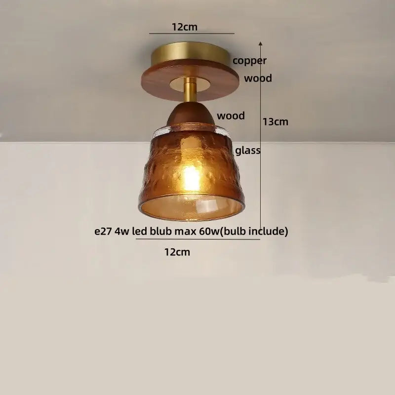 Amber ice crack glass wood ceiling light with warm amber hammered texture and copper metal base for bedroom decorbites amber ice