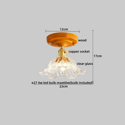 Amber leaf brass glass ceiling lamp with clear flower-shaped pendant light warm wood base decorbites brass glass