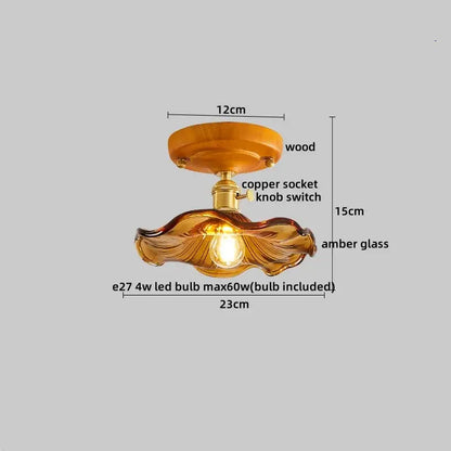 Amber leaf brass glass ceiling lamp with warm amber glass, wooden mount, and copper socket for bedroom decorbites brass glass lighting