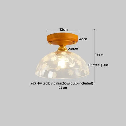 Amber leaf brass glass ceiling lamp with warm wood base copper accents and floral printed glass shade for bedroom decorbites brass glass ceiling
