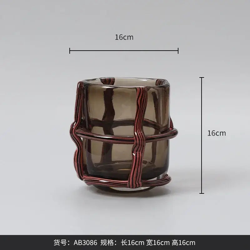 Amber 16cm square glass vase with red and black woven band for home decor featuring decorbites clear glass style