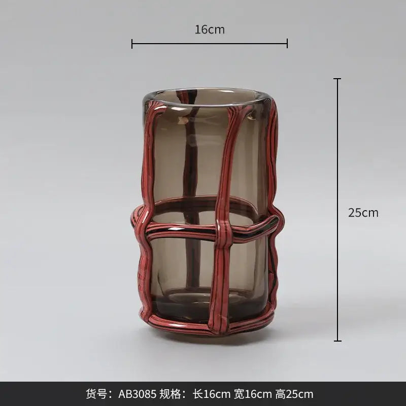 A sleek 25cm amber translucent glass vase with a glossy red woven wire frame for home decor and decorbites clear glass collections