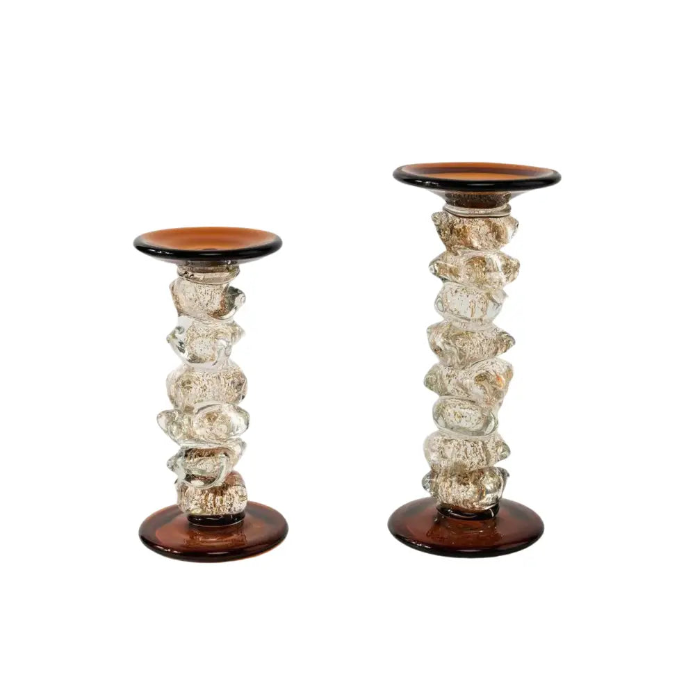 A pair of elegant amber glass splicing candelabrum with textured bubble design for dining room decor