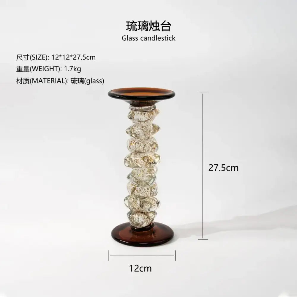 Tall glass splicing candelabrum with dark amber base and top featuring intricate bubble-like frosted and clear segments