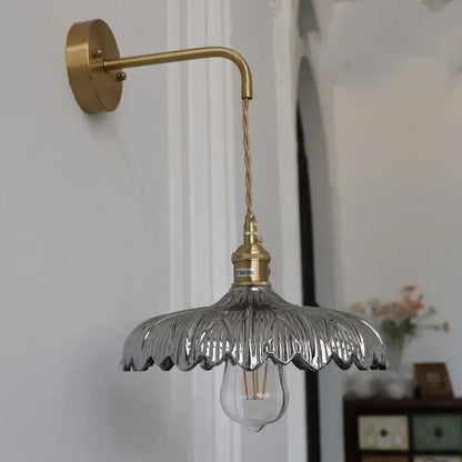 Amber vintage led brass wall light with clear petal-shaped glass shade and pull chain for bedroom decorbites amber vintage