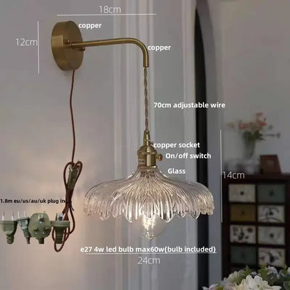 Antique brass-finished wall light with clear fluted glass shade and adjustable copper wire for decorbites amber vintage led use