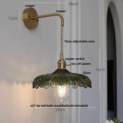 Amber vintage led wall light with copper arm and green scalloped glass shade for elegant decorbites amber vintage lighting