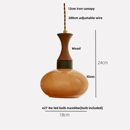 Amber wood glass pendant light with warm amber LED and wooden neck suspended by adjustable iron wire for kitchen decorbites pendant light