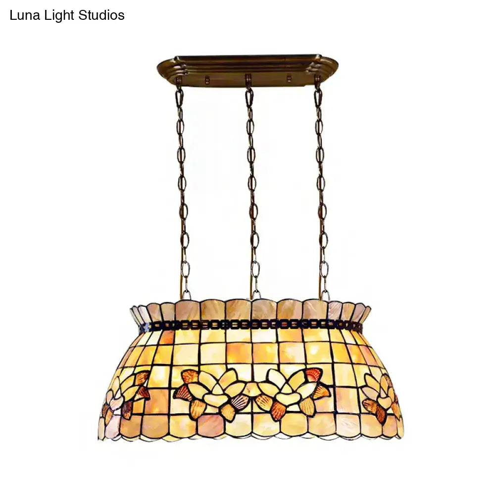 DecorBites handmade 3-light shell Tiffany chandelier with warm-toned stained glass and brass chains for living room fixture height and width