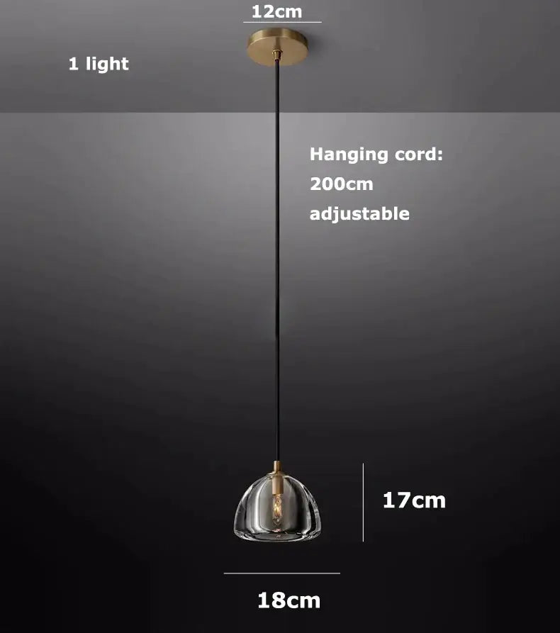 A sleek modern american copper crystal chandelier pendant light with clear glass dome and brass accents for living room decor