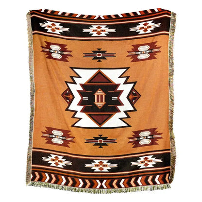 Tan woven american country plaid blanket sofa cover with bold black white maroon geometric pattern and fringe edges