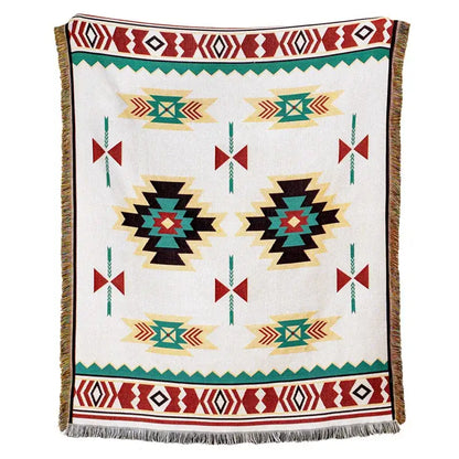 White throw blanket sofa cover with bold american country plaid geometric patterns in red teal black and beige