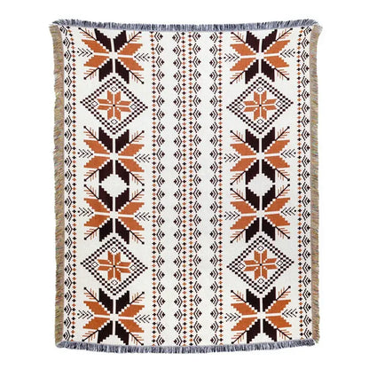 Cozy cream throw blanket with bold burnt orange and black geometric patterns and fringed edges for blanket sofa cover