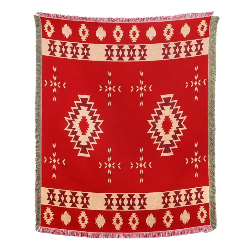 Red woven throw blanket with cream and maroon geometric patterns and fringed edges for american country plaid sofa cover