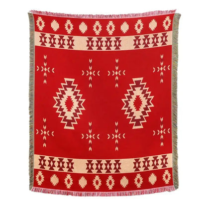 Red woven throw blanket with cream and maroon geometric patterns and fringed edges for american country plaid sofa cover