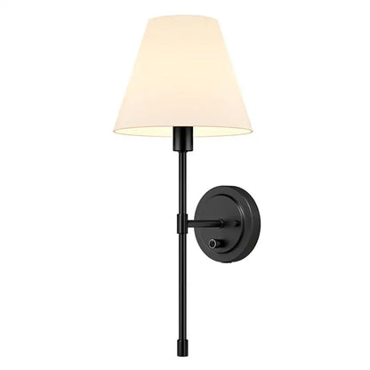 Black metal wall lamp with tapered off-white fabric shade by decorbites american fabric for bedroom decor