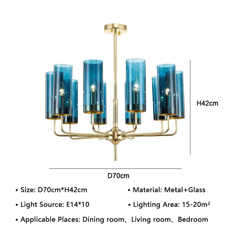 A modern decorbites american lustre glass chandelier with brass frame and ten blue glass cylinders for dining room
