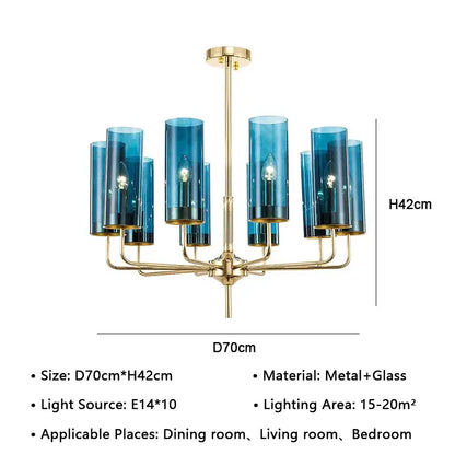 A modern decorbites american lustre glass chandelier with brass frame and ten blue glass cylinders for dining room