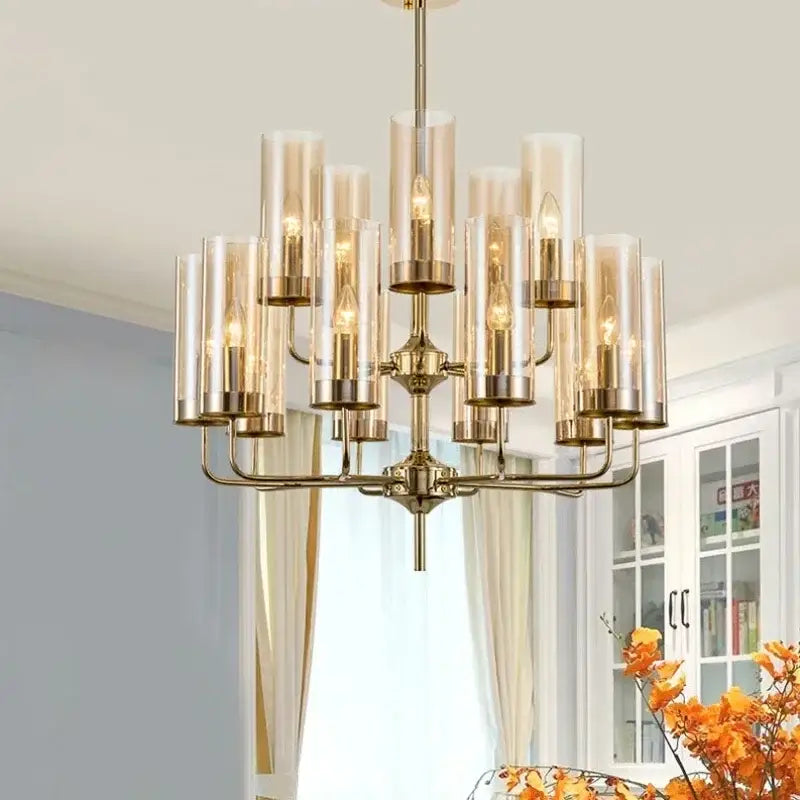 Brass-finished decorbites american lustre glass chandelier with cylindrical smoked glass shades and filament bulbs pendant light