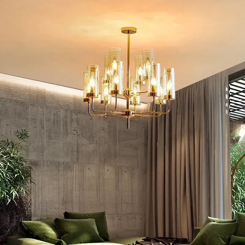 Gold-toned decorbites american lustre glass chandelier with clear glass cylinders and exposed bulbs for dining room decor