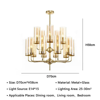 Gold-toned decorbites american lustre glass chandelier with multiple cylindrical shades for dining room pendant light