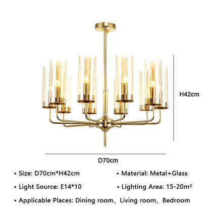 Gold-toned decorbites american lustre glass chandelier with slender metal arms and ten exposed bulbs for dining rooms