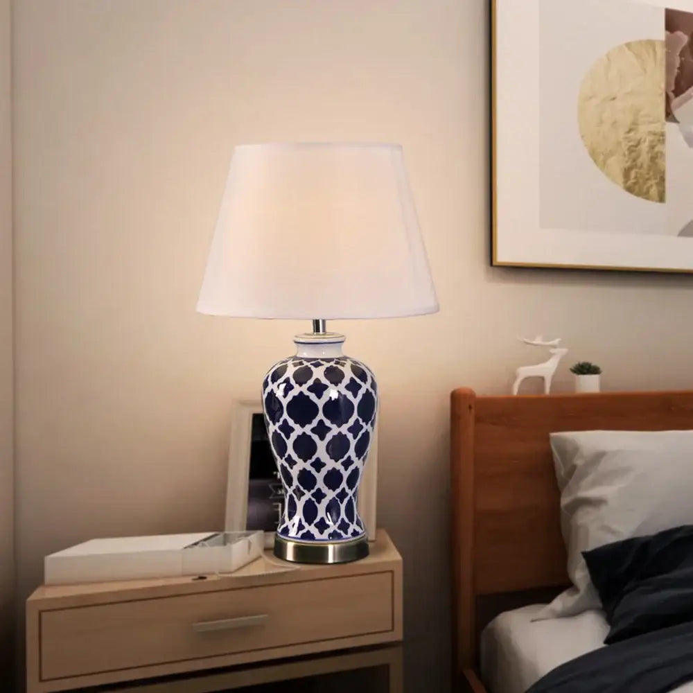 American retro blue ceramic table lamp with white pattern and metallic base for bedroom decorbites blue ceramic light