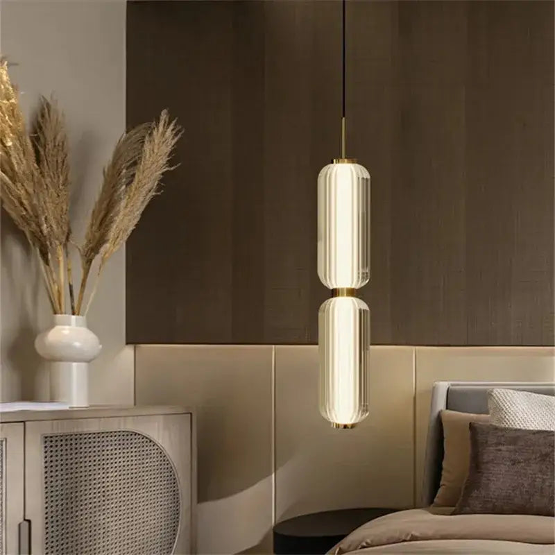 Modern american retro pendant light with two frosted glass cylindrical shades and warm glow for dining room staircase