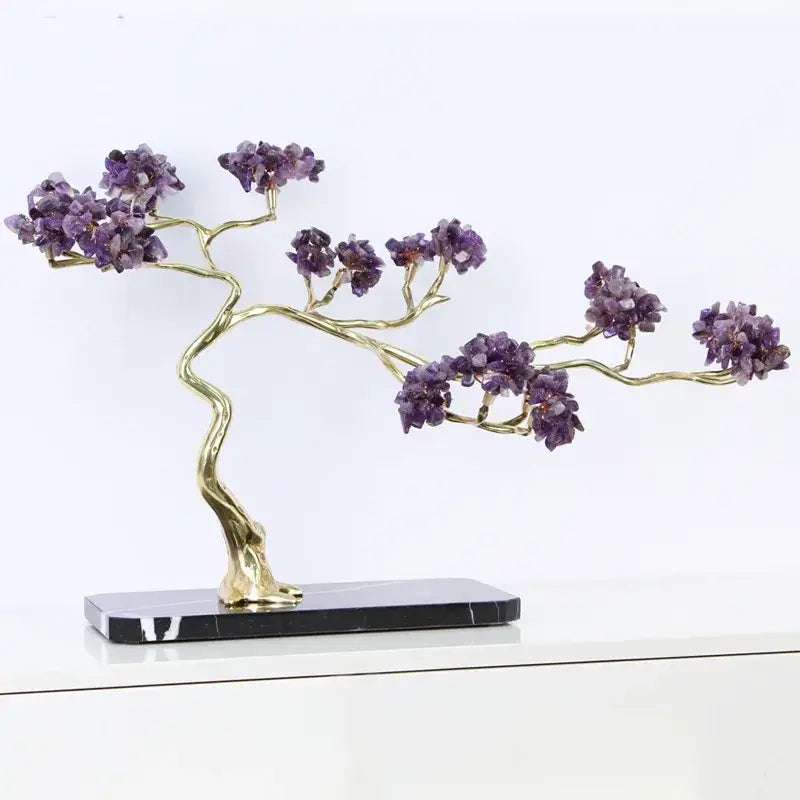 Amethyst and brass decorative sculpture tree with golden branches and purple crystals on black marble base decorbites crystal