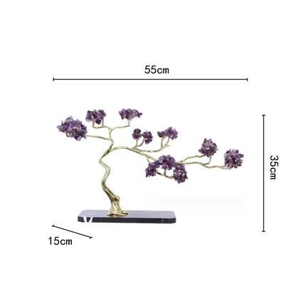 Amethyst and brass decorative sculpture featuring a purple crystal bonsai tree on a black marble base by decorbites crystal