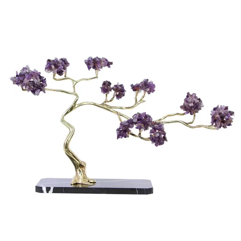 Amethyst and gold metal decorative figurine with brass metal branches and purple crystals on black marble base for decor