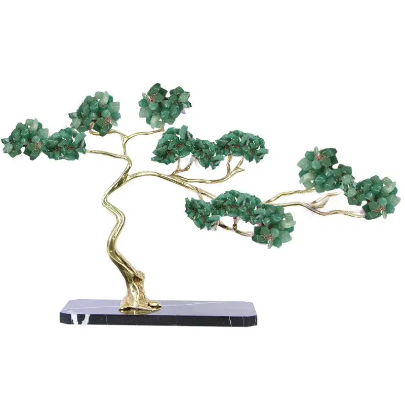 Amethyst and gold metal decorative figurine of a bonsai tree with brass metal branches and green jade foliage on marble base