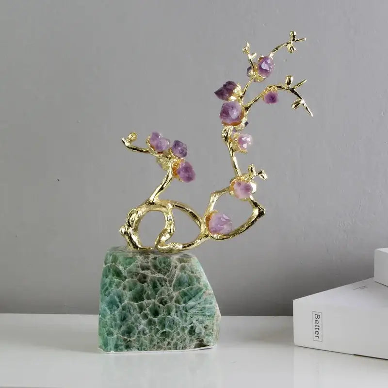 Delicate gold-toned amethyst brass tree ornament with faceted stones on green aventurine base for living room decor