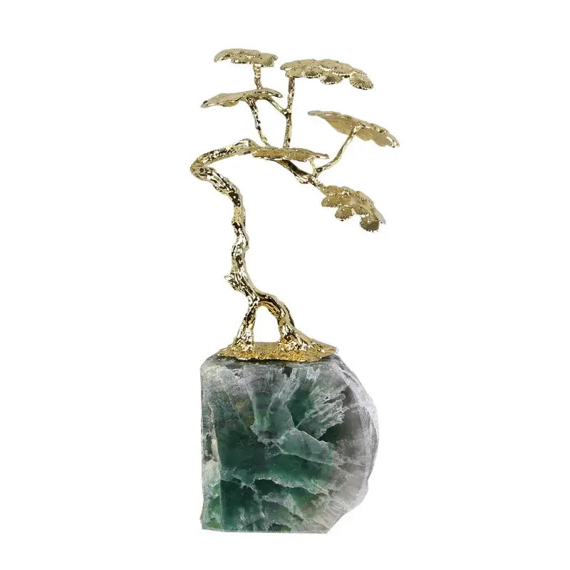 Golden metallic amethyst brass tree ornament with translucent green and white fluorite stone base living room sculpture