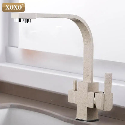 Beige speckled stone-effect kitchen faucet with sleek curved spout and geometric base for decorbites black single hole use